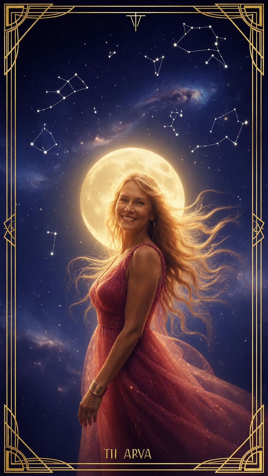 Celestial illustration of a woman beneath the moon